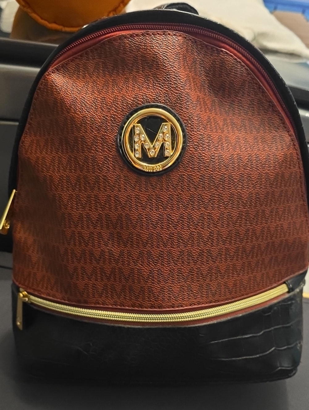 Mkf Signature Brown & Black Leatherette Mini Backpack
